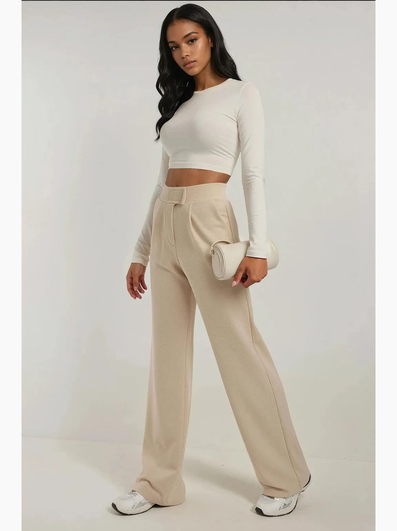Pantalones palazzo de crepé elástico de cintura alta hiccup Beige arcilla - Kiabi