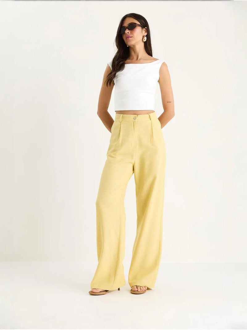 Pantalones palazzo de lino con cintura alta y detalle plisado de bianco lucci Ámbar - Kiabi