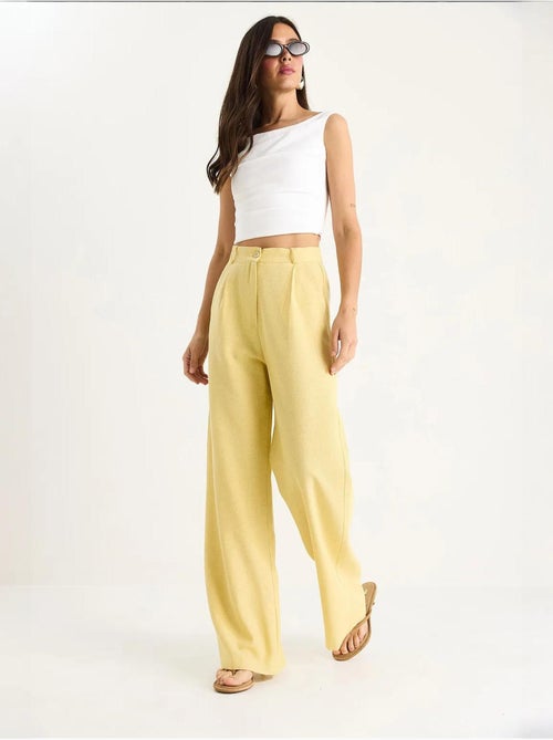 Pantalones palazzo de lino con cintura alta y detalle plisado de bianco lucci - Kiabi Pantalones palazzo de lino con cintura alta y detalle plisado de bianco lucci - Kiabi