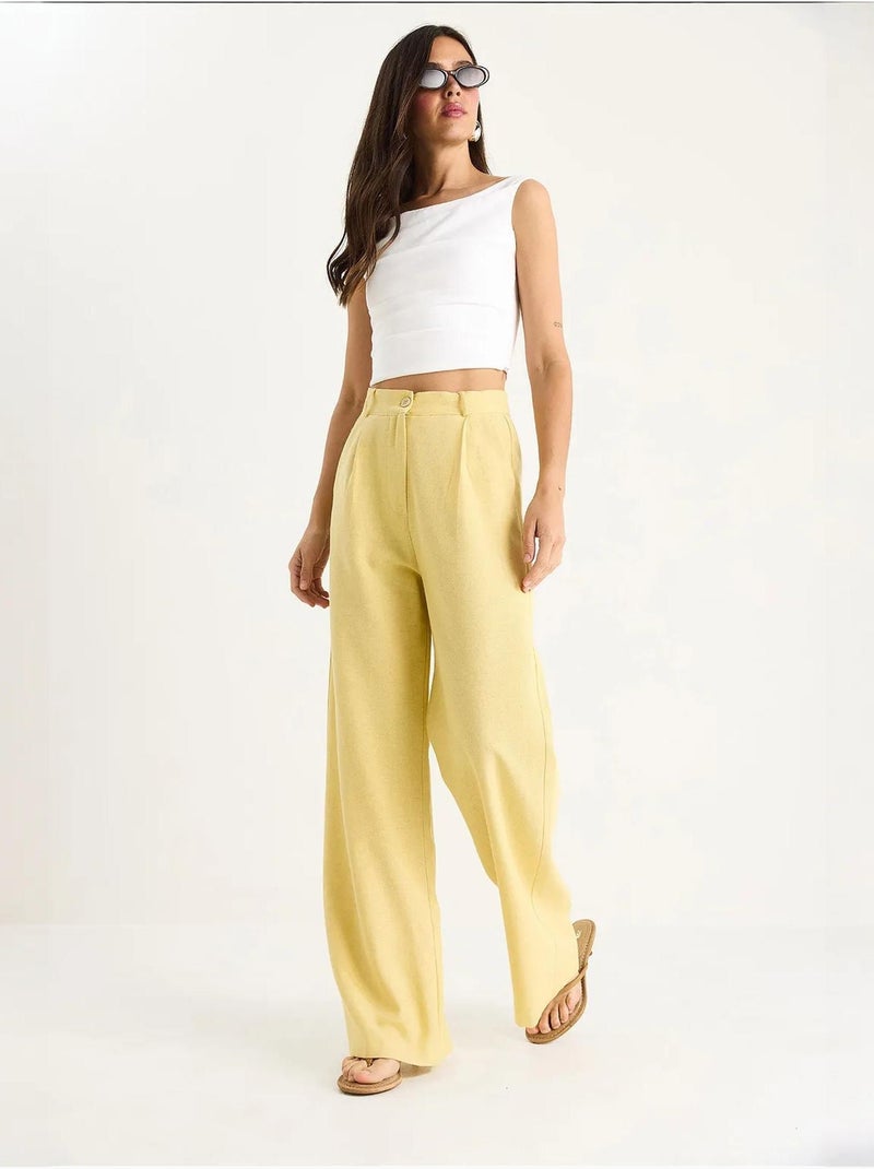 Pantalones palazzo de lino con cintura alta y detalle plisado de bianco lucci Ámbar - Kiabi