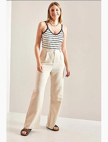 Pantalones palazzo de lino con cintura alta y detalle plisado de bianco lucci