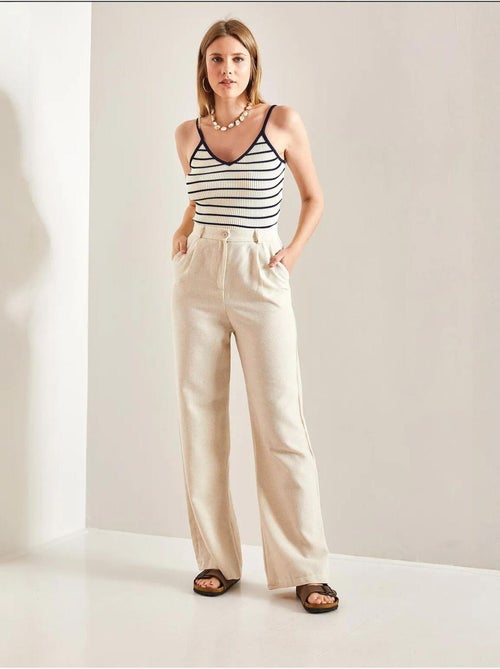 Pantalones palazzo de lino con cintura alta y detalle plisado de bianco lucci - Kiabi