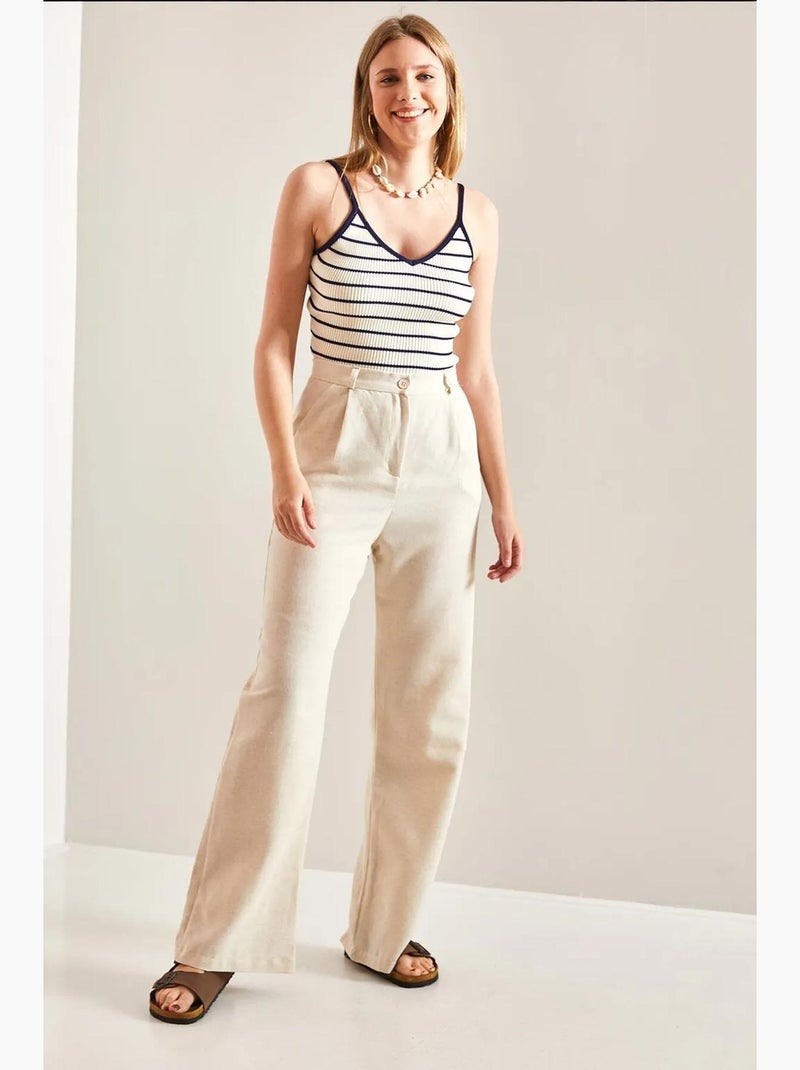 Pantalones palazzo de lino con cintura alta y detalle plisado de bianco lucci Arena - Kiabi