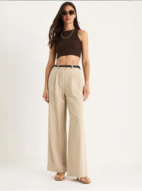 Pantalones palazzo de lino con cinturón de paja y detalle de bolsillo lucci - Kiabi