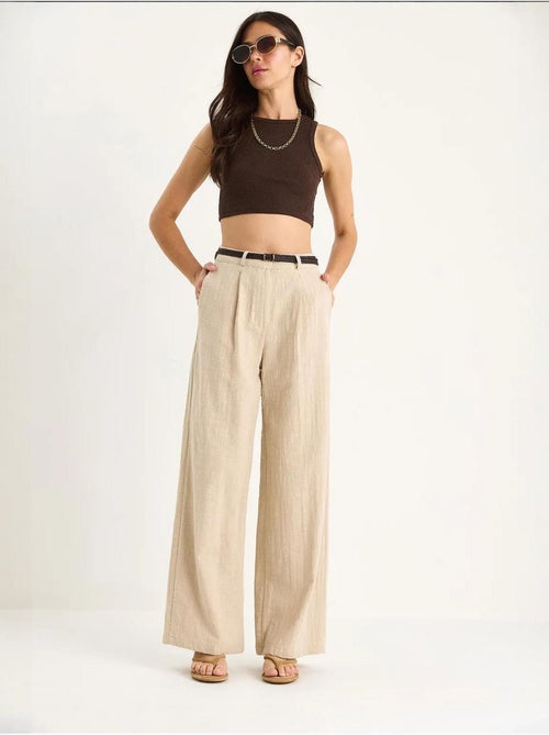 Pantalones palazzo de lino con cinturón de paja y detalle de bolsillo lucci - Kiabi