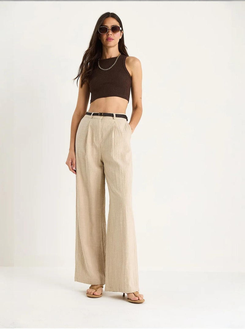 Pantalones palazzo de lino con cinturón de paja y detalle de bolsillo lucci Beige arcilla - Kiabi