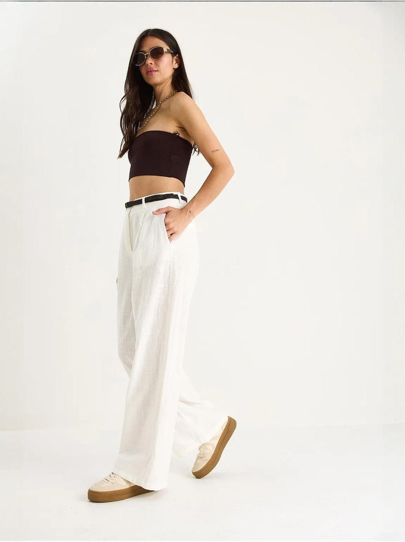 Pantalones palazzo de lino con cinturón de paja y detalle de bolsillo lucci Blanco - Kiabi