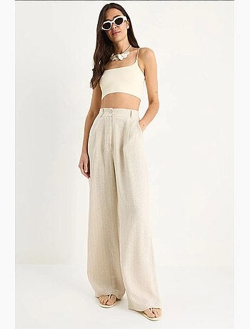 Pantalones palazzo de lino con detalle de bolsillo y rayas finas lucci
