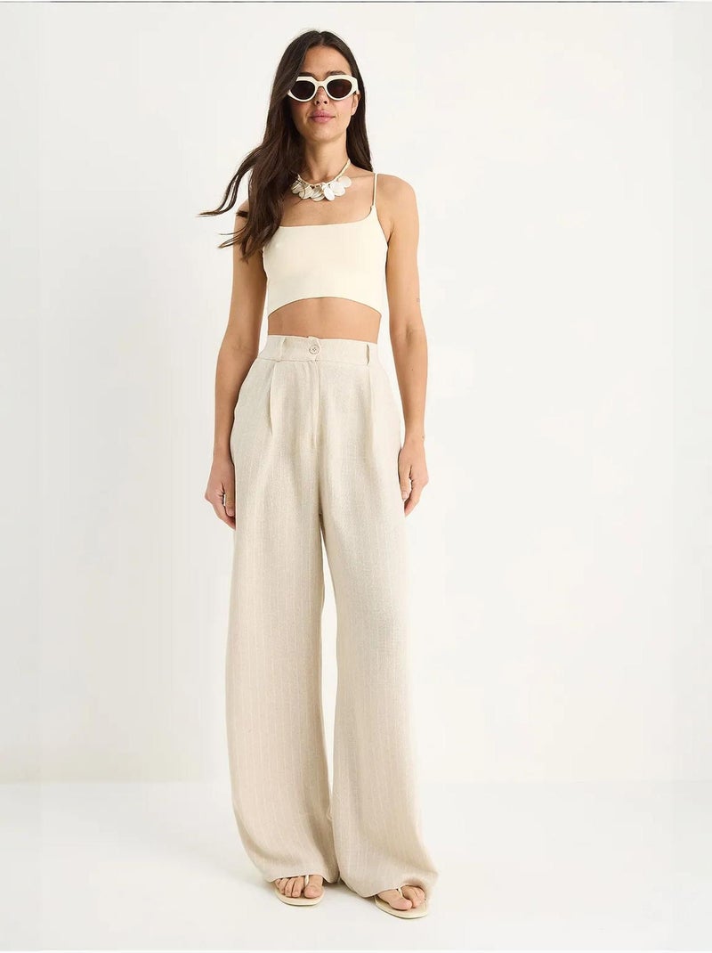 Pantalones palazzo de lino con detalle de bolsillo y rayas finas lucci Beige arcilla - Kiabi