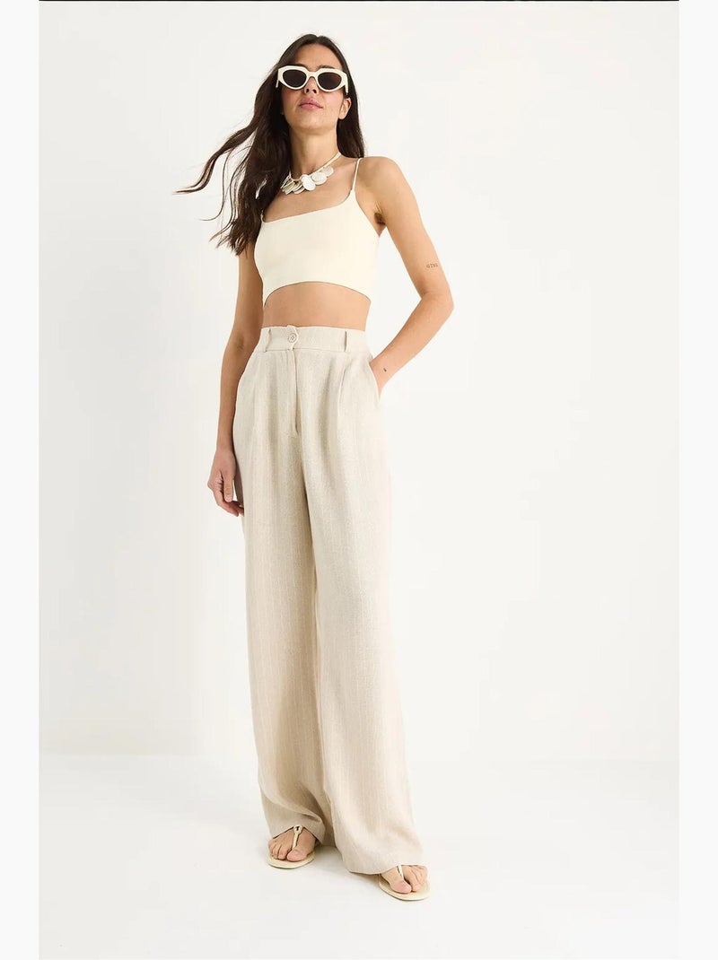 Pantalones palazzo de lino con detalle de bolsillo y rayas finas lucci Beige arcilla - Kiabi