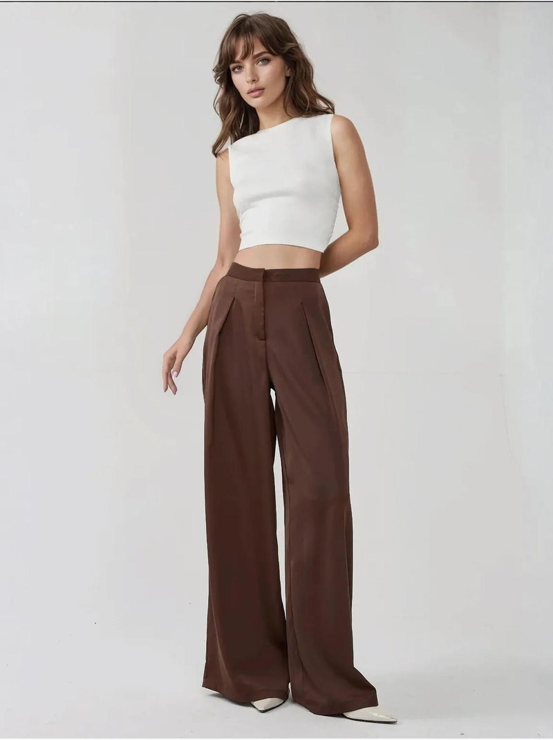 Pantalones palazzo de satén con cintura alta y pierna ancha Marrón - Kiabi