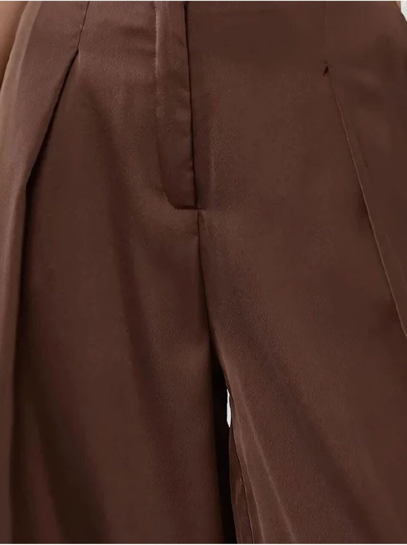 Pantalones palazzo de satén con cintura alta y pierna ancha Marrón - Kiabi