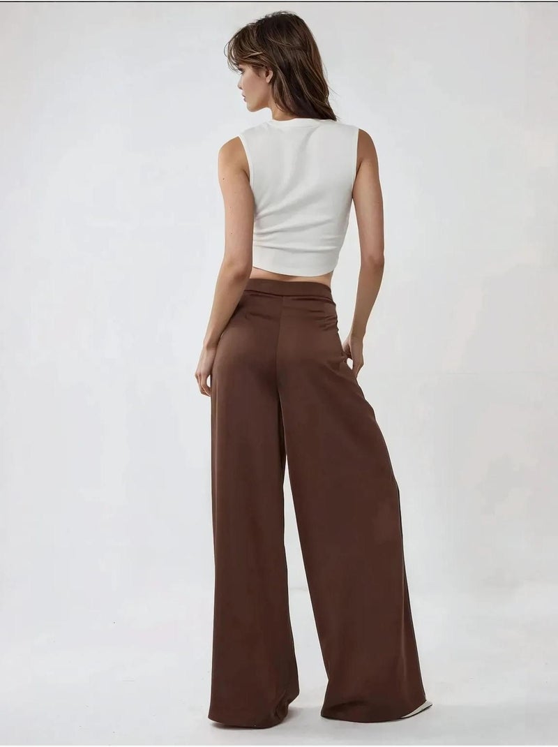 Pantalones palazzo de satén con cintura alta y pierna ancha Marrón - Kiabi