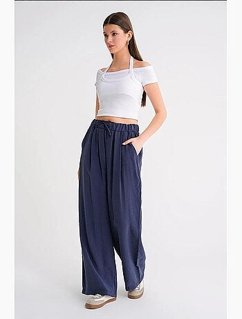 Pantalones palazzo plisados de cintura alta con cordón mixray