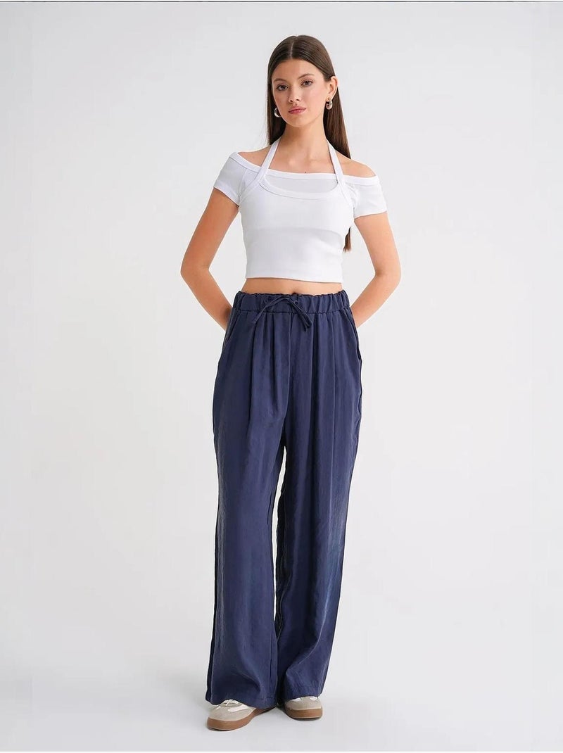 Pantalones palazzo plisados de cintura alta con cordón mixray Azul marino - Kiabi
