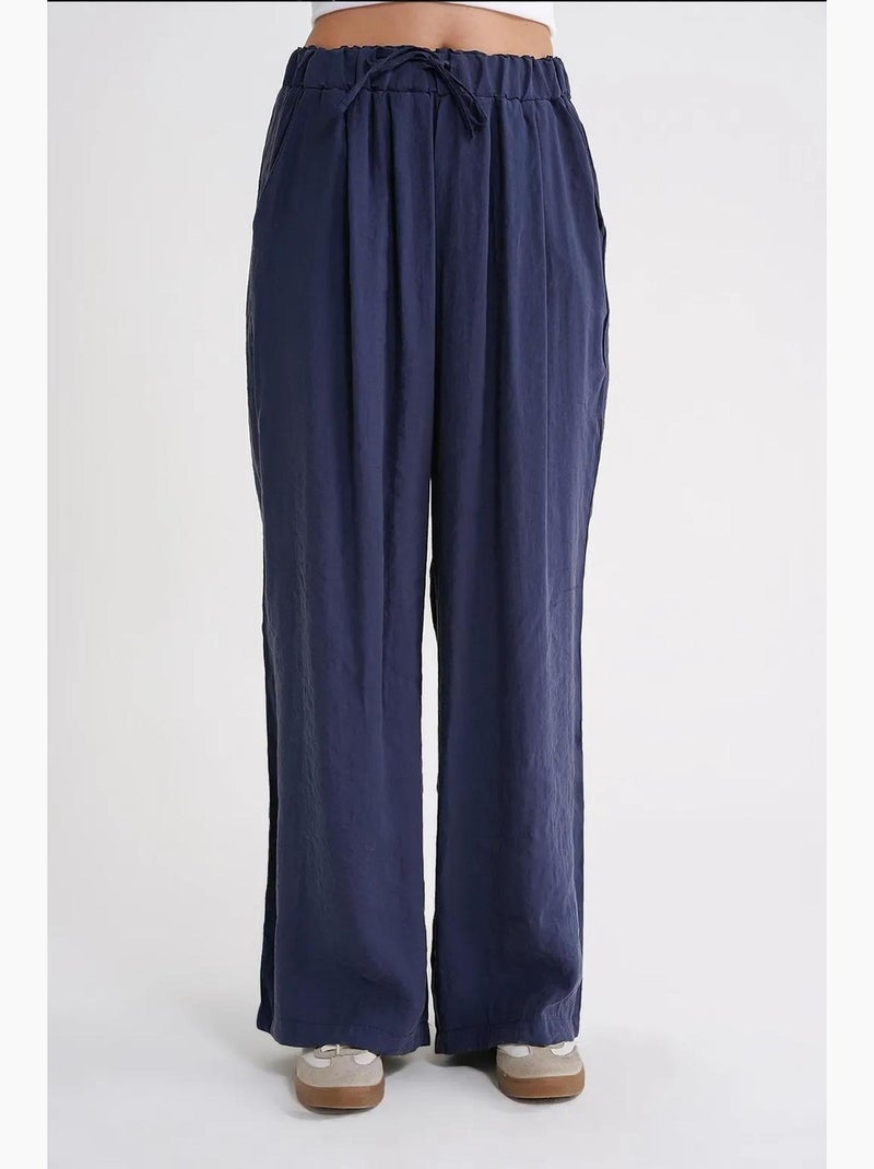 Pantalones palazzo plisados de cintura alta con cordón mixray Azul marino - Kiabi