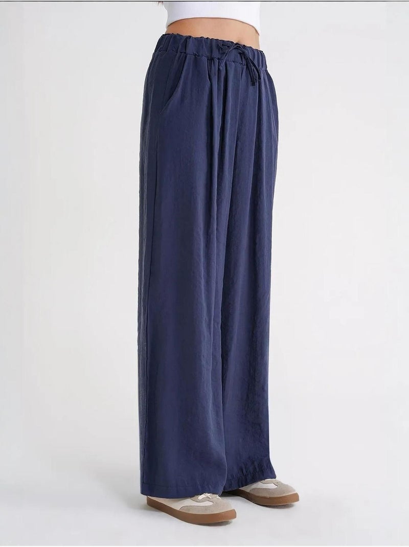 Pantalones palazzo plisados de cintura alta con cordón mixray Azul marino - Kiabi