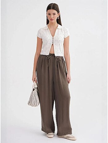 Pantalones palazzo plisados de cintura alta con cordón mixray