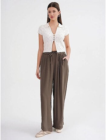 Pantalones palazzo plisados de cintura alta con cordón mixray