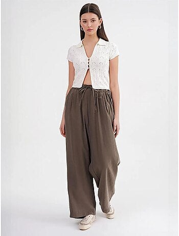 Pantalones palazzo plisados de cintura alta con cordón mixray
