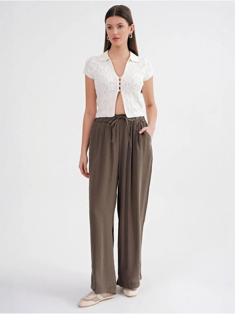 Pantalones palazzo plisados de cintura alta con cordón mixray Caqui - Kiabi