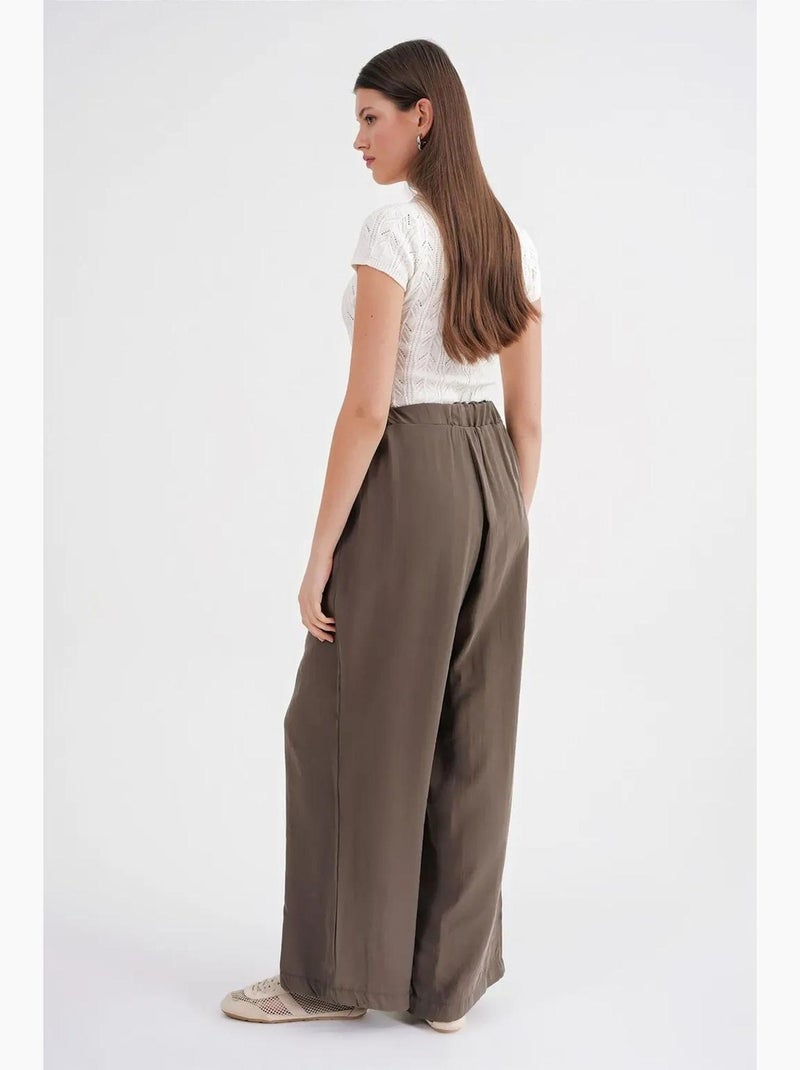 Pantalones palazzo plisados de cintura alta con cordón mixray Caqui - Kiabi