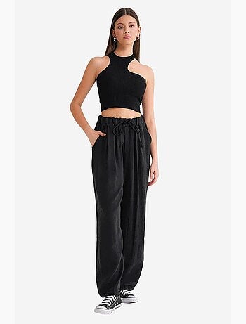 Pantalones palazzo plisados de cintura alta con cordón mixray