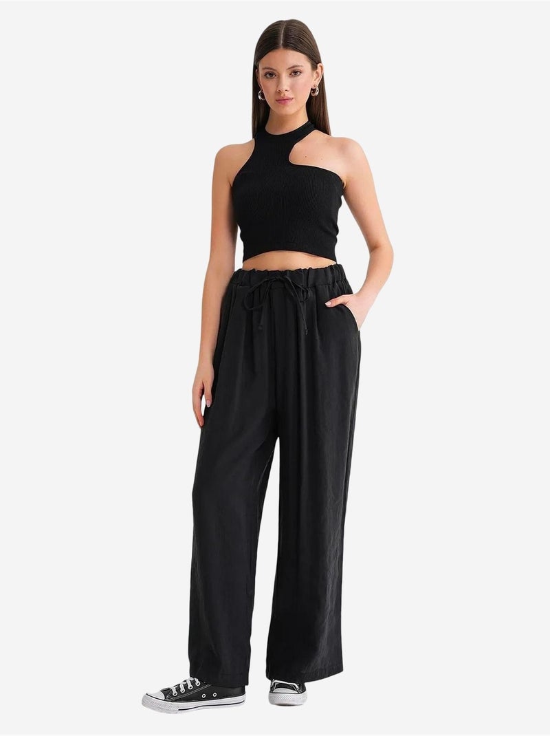 Pantalones palazzo plisados de cintura alta con cordón mixray Negro - Kiabi