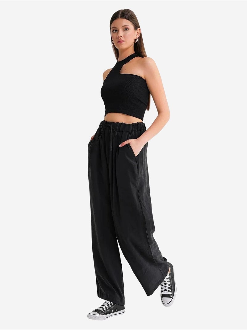 Pantalones palazzo plisados de cintura alta con cordón mixray Negro - Kiabi