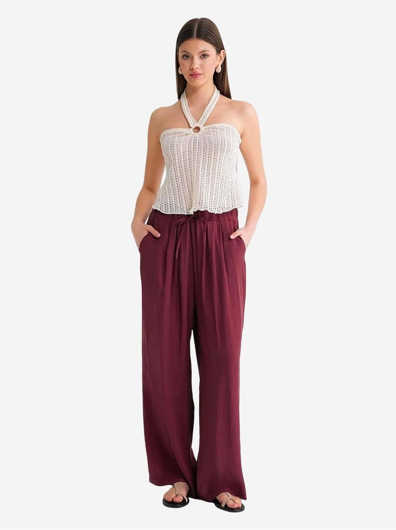 Pantalones palazzo plisados de cintura alta con cordón mixray Rojo burdeos - Kiabi