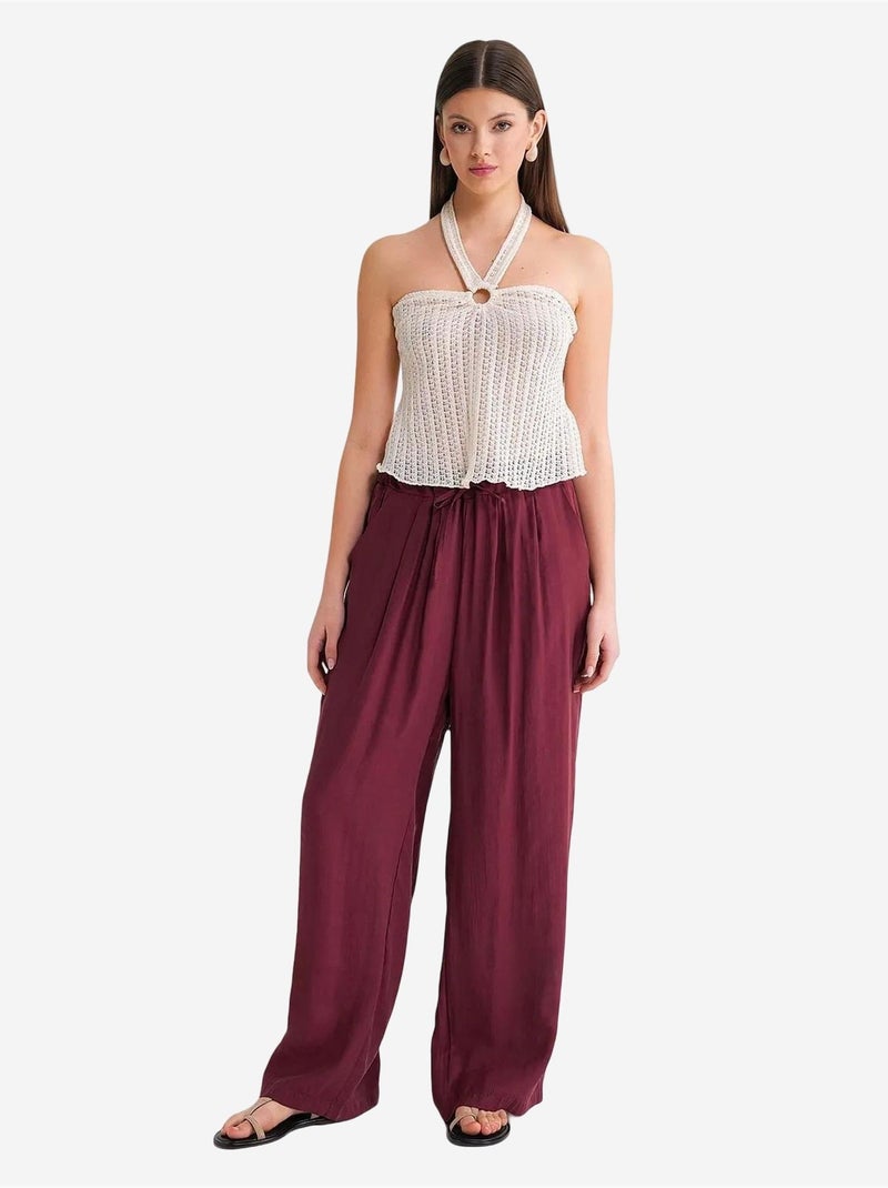 Pantalones palazzo plisados de cintura alta con cordón mixray Rojo burdeos - Kiabi