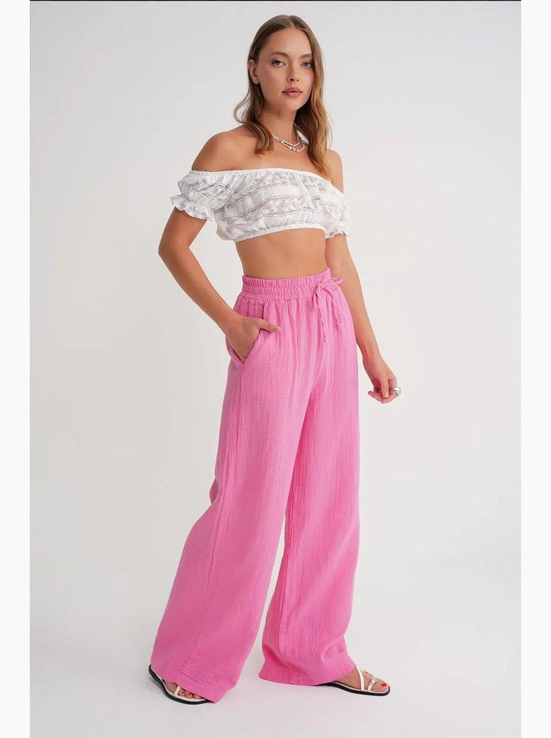 Pantalones palazzo texturizados de cintura alta mixray Rosa - Kiabi