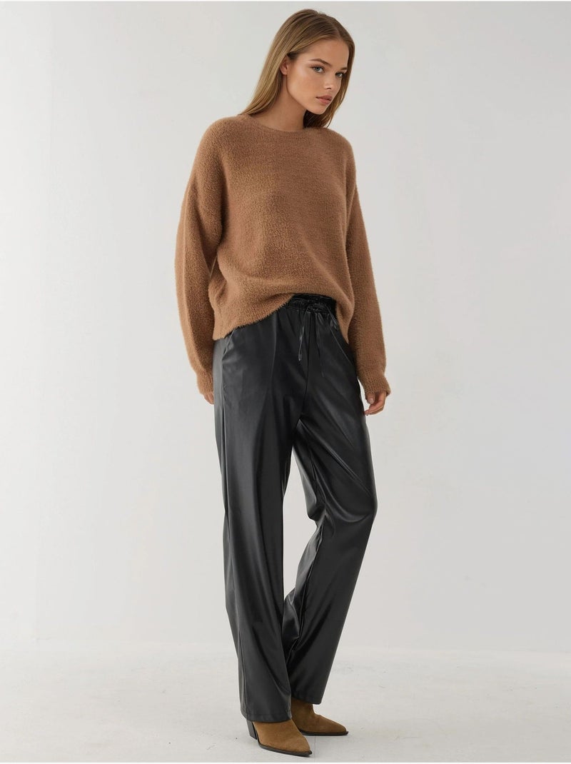 Pantalones rectos con cintura elástica de cuero sintético hiccup Negro - Kiabi