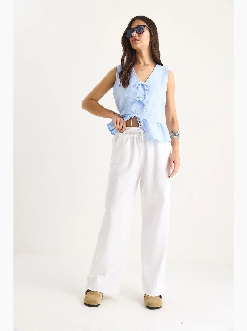 Pantalones rectos de gabardina de cintura alta con detalle de ribete lucci Blanco - Kiabi