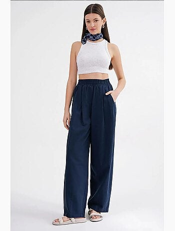 Pantalones rectos de mezcla de lino acanalado con cintura alta mixray