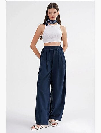 Pantalones rectos de mezcla de lino acanalado con cintura alta mixray