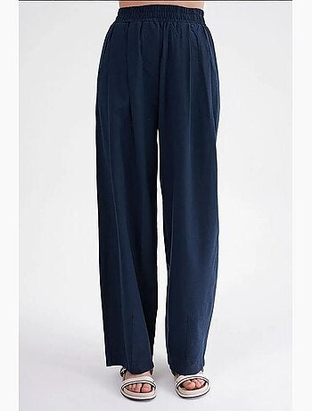 Pantalones rectos de mezcla de lino acanalado con cintura alta mixray
