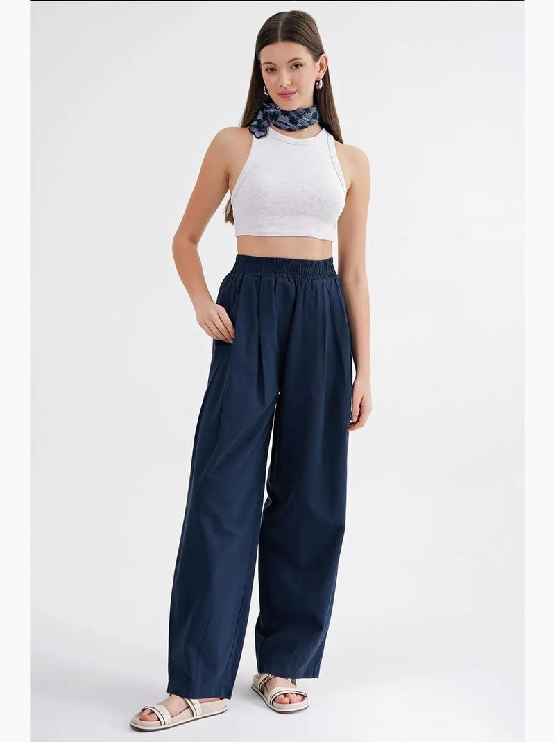 Pantalones rectos de mezcla de lino acanalado con cintura alta mixray Azul marino - Kiabi