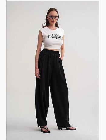 Pantalones rectos de mezcla de lino acanalado con cintura alta mixray