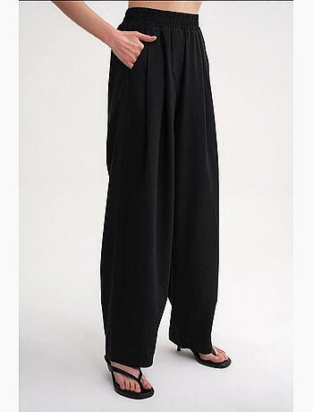 Pantalones rectos de mezcla de lino acanalado con cintura alta mixray