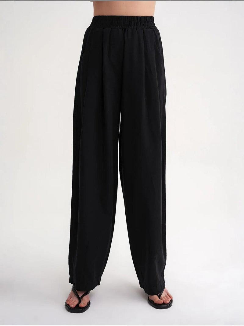 Pantalones rectos de mezcla de lino acanalado con cintura alta mixray Negro - Kiabi