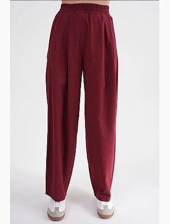 Pantalones rectos de mezcla de lino acanalado con cintura alta mixray