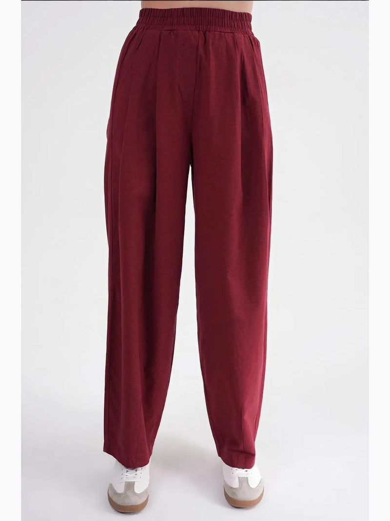 Pantalones rectos de mezcla de lino acanalado con cintura alta mixray Rojo burdeos - Kiabi