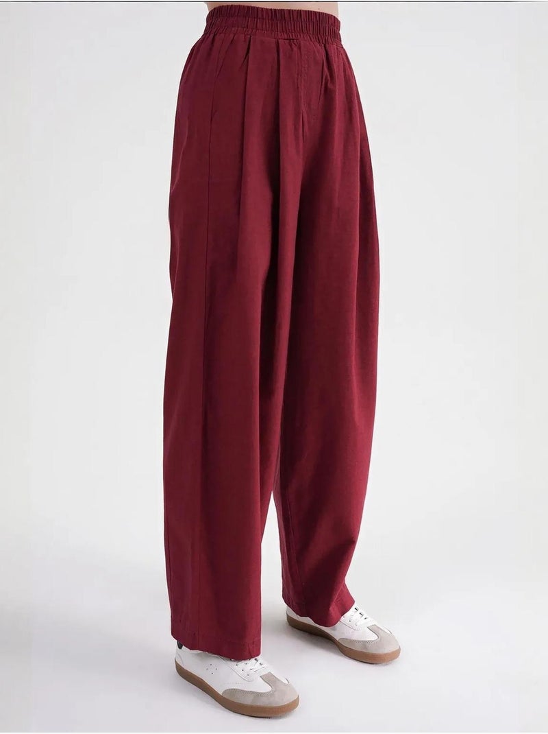 Pantalones rectos de mezcla de lino acanalado con cintura alta mixray Rojo burdeos - Kiabi