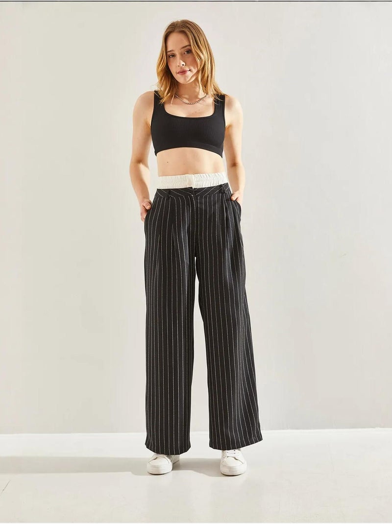 Pantalones tejidos a rayas con detalle en la cintura en contraste lucci Negro - Kiabi