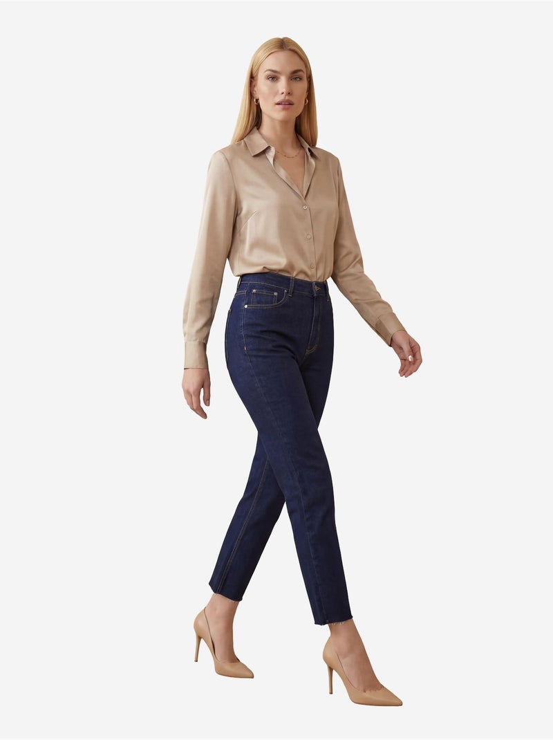Pantalones vaqueros ajustados de talle alto y pierna estrecha con cremallera my fashion Azul ultramar - Kiabi