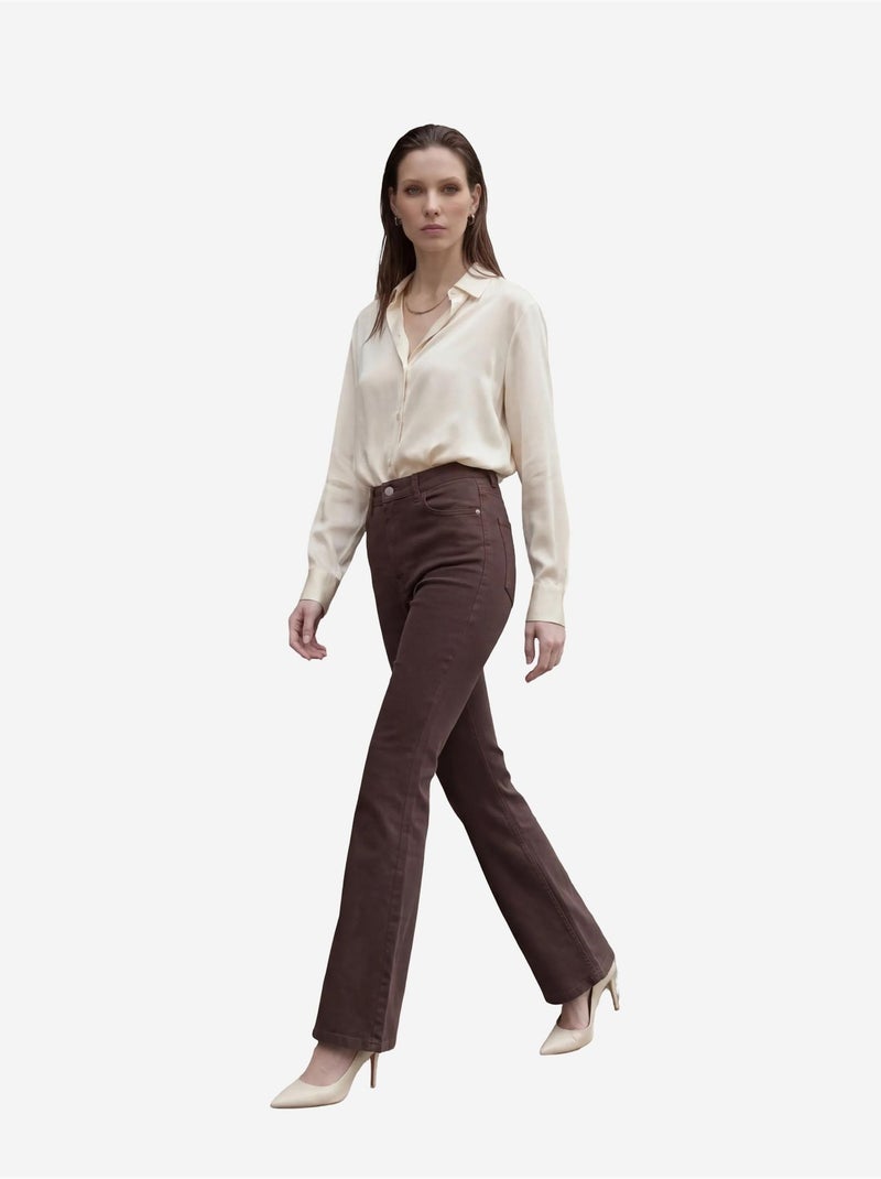 Pantalones vaqueros de talle alto y pierna acampanada con bolsillos my fashion Marrón oscuro - Kiabi