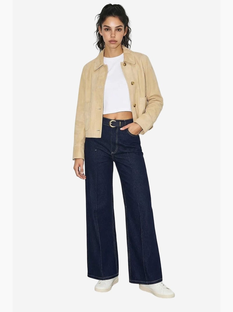 Pantalones vaqueros de tiro alto y pernera ancha con cinturón lucci Azul marino - Kiabi