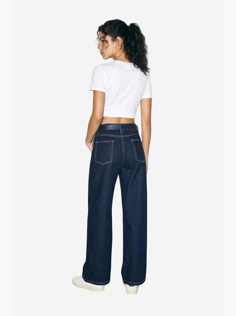 Pantalones vaqueros de tiro alto y pernera ancha con cinturón lucci Azul marino - Kiabi