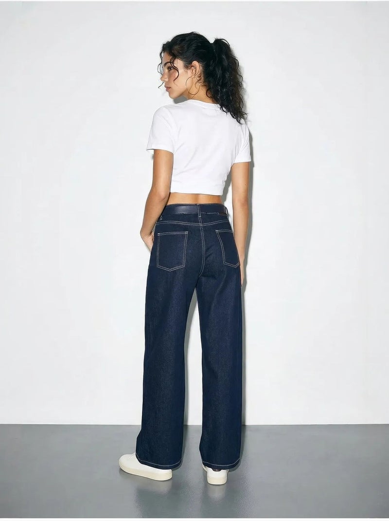 Pantalones vaqueros de tiro alto y pernera ancha con cinturón lucci Azul marino - Kiabi